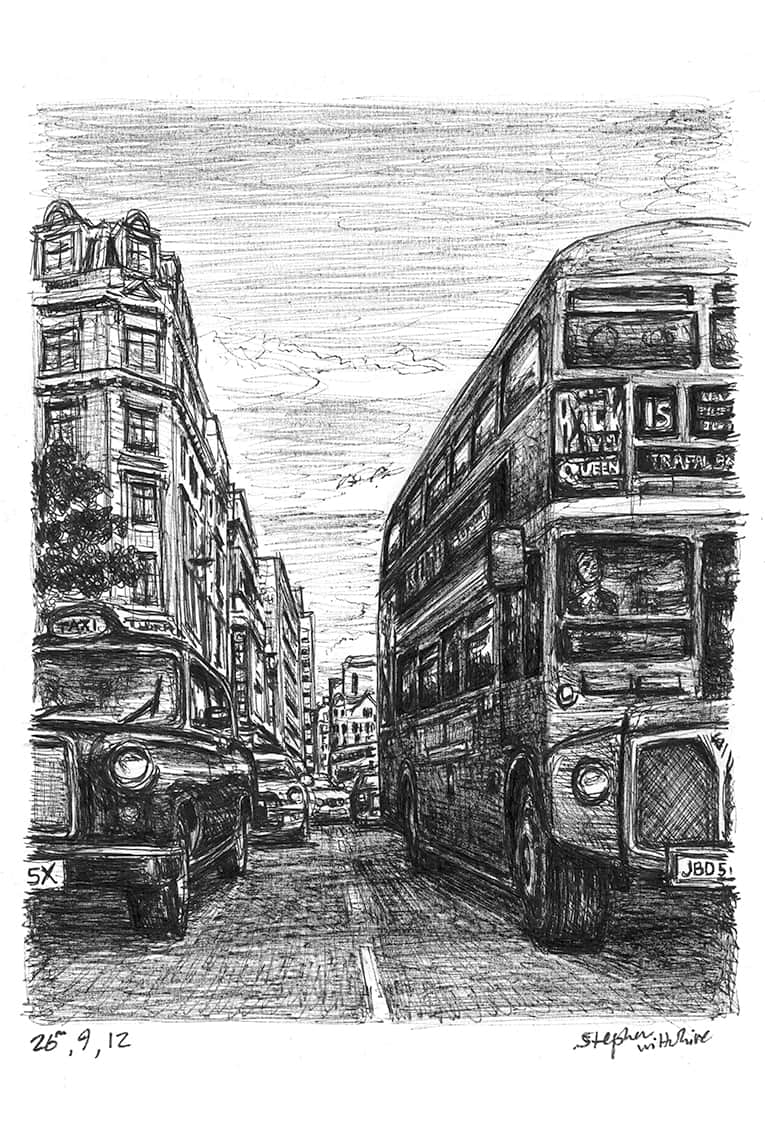 London Taxi and Bus at Haymarket - Original Drawings and Prints for Sale