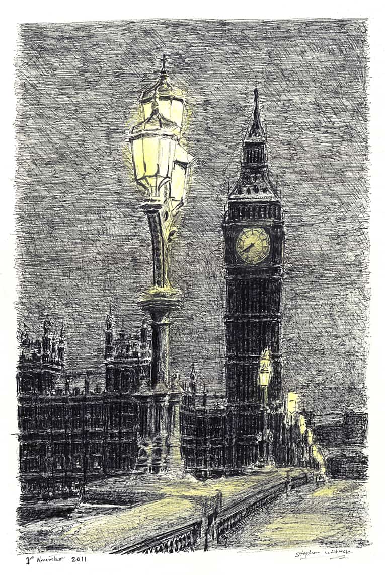 Big Ben on a winter evening - Original Drawings and Prints for Sale