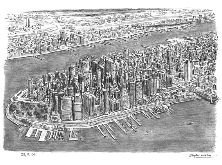 Aerial view of Financial District, NY - Original Drawings and Prints for Sale