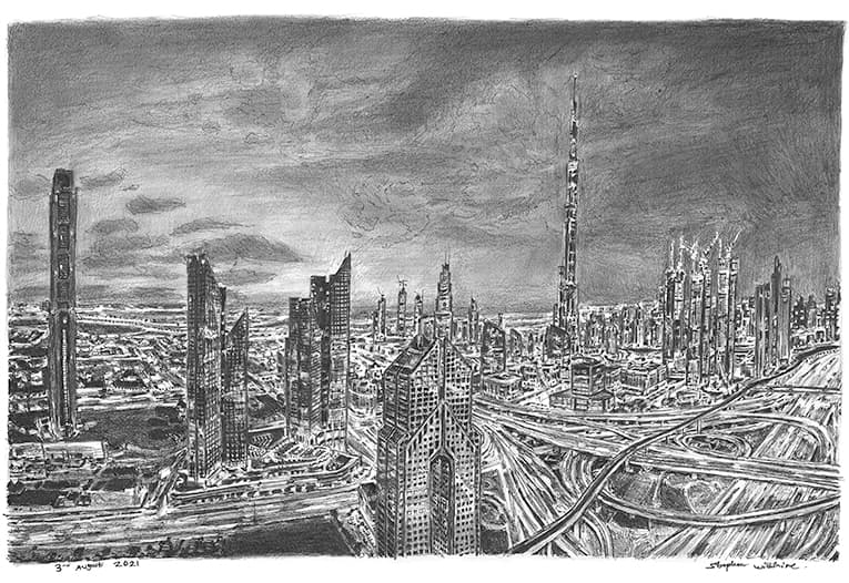Dubai skyline at night - Original Drawings and Prints for Sale