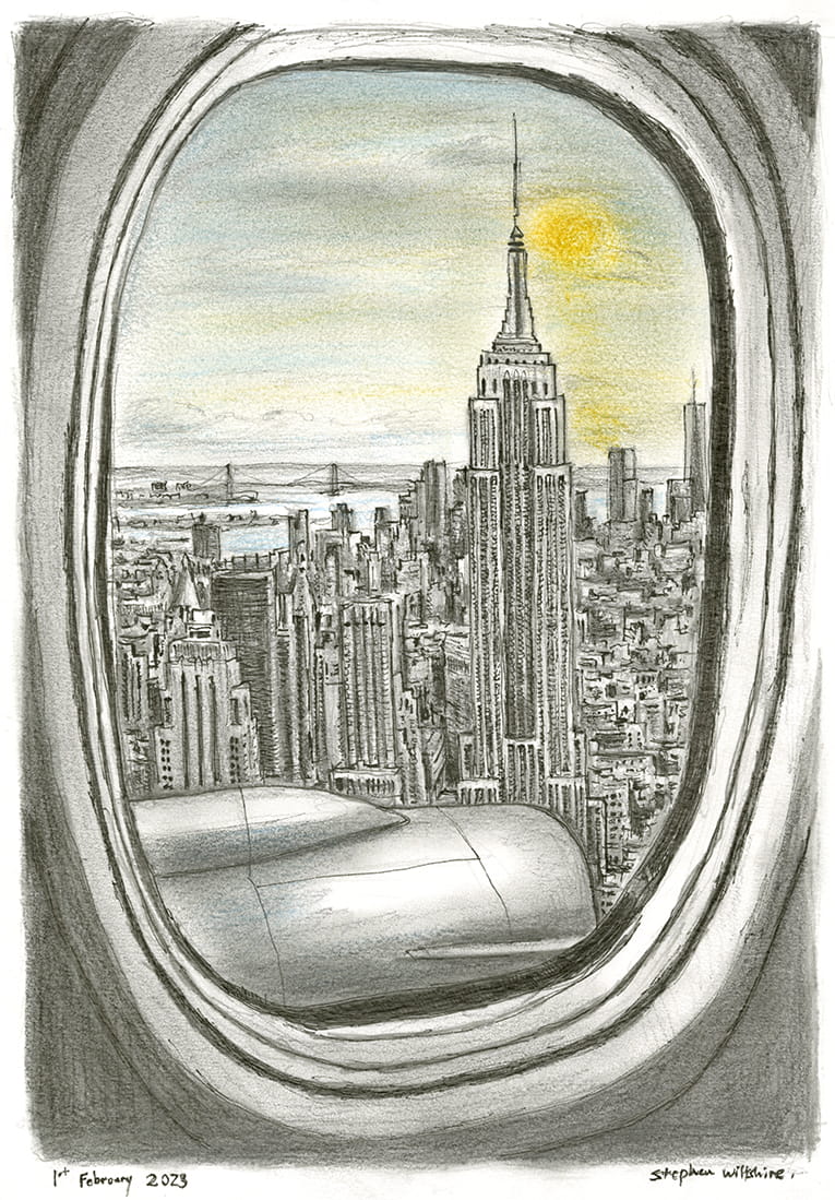 Empire State Building seen from the airplane - Original Drawings and Prints for Sale