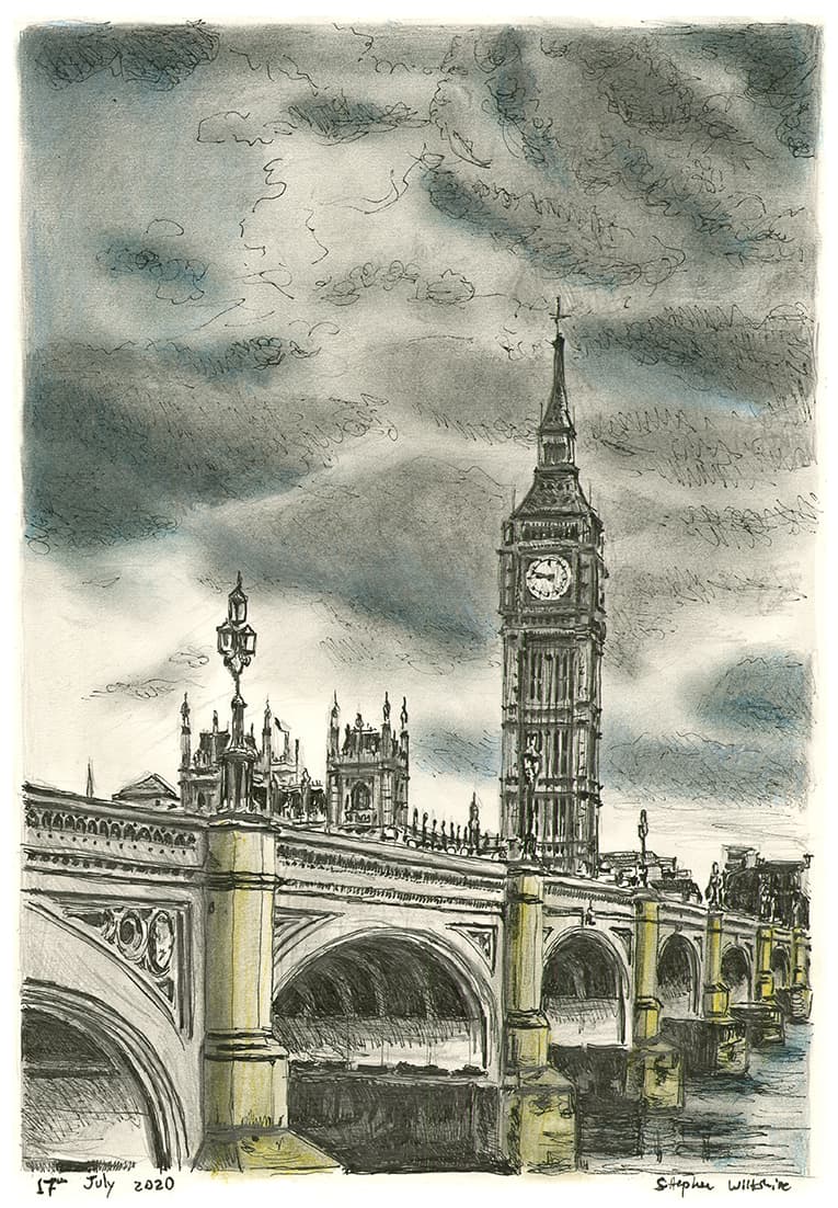 Westminster Bridge and Big Ben - Original Drawings and Prints for Sale