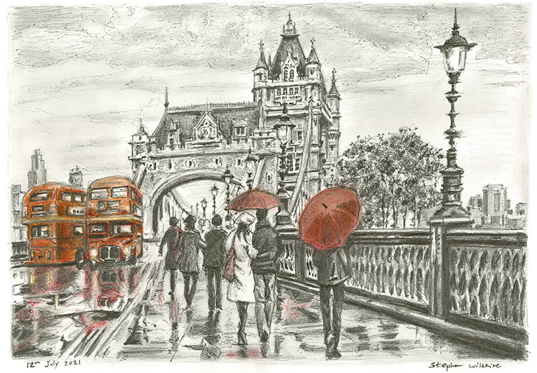 Tower Bridge in the rain - Original Drawings and Prints for Sale