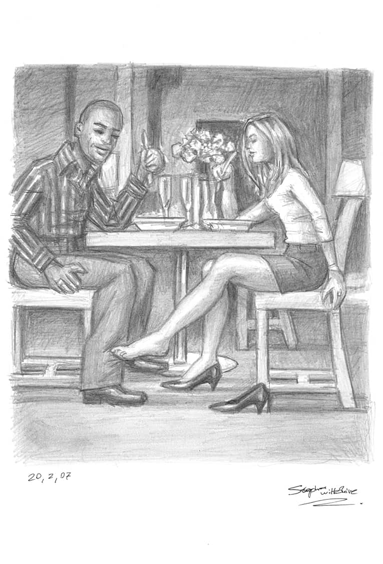 Stephen having dinner with his girlfriend - Original Drawings and Prints for Sale