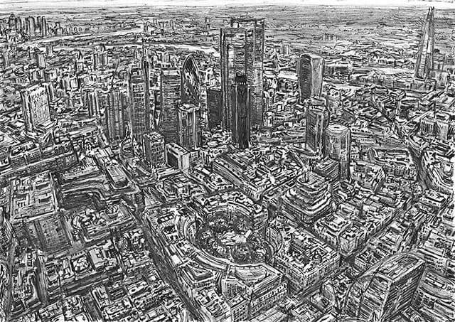 Aerial view of City of London - original drawing