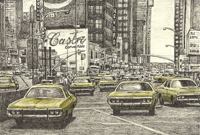 NYC yellow cabs at Times square - original drawing