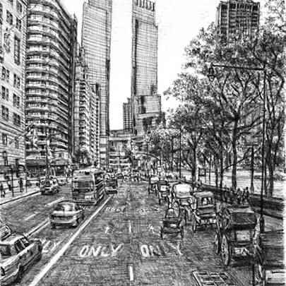 The Artwork Street scene at Central Park with horse drawn carts