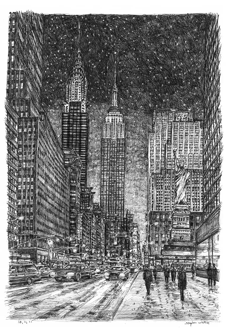 Imaginary drawing of New York in winter with White mount (A4) in Cushioned Black frame for A4 mounts (C59)