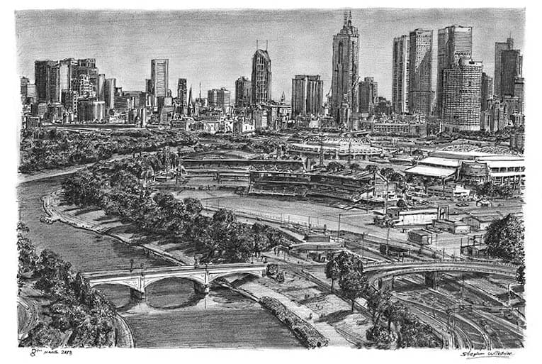 Aerial view of Melbourne - Original Drawings and Prints for Sale