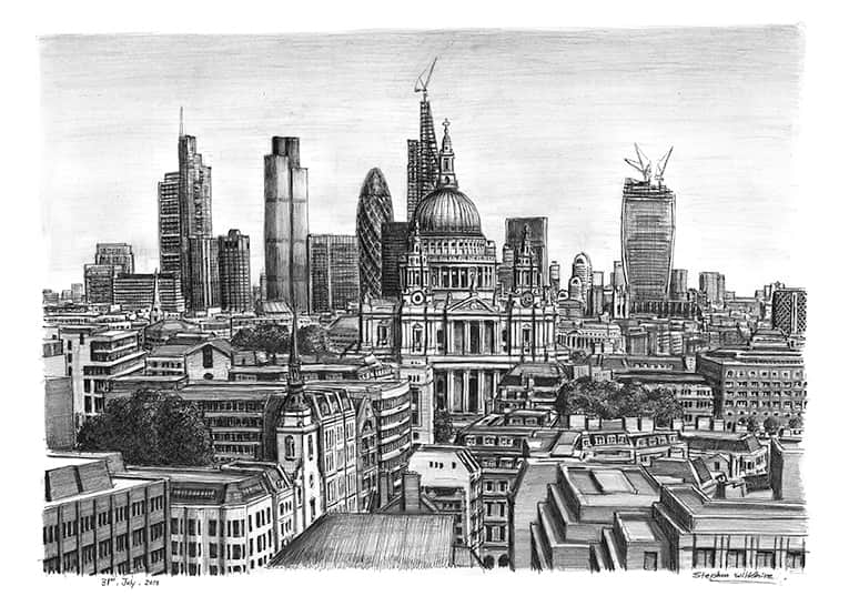 St Pauls Cathedral and the City of London skyline with White mount (A4) in Cushioned Black frame for A4 mounts (C59)