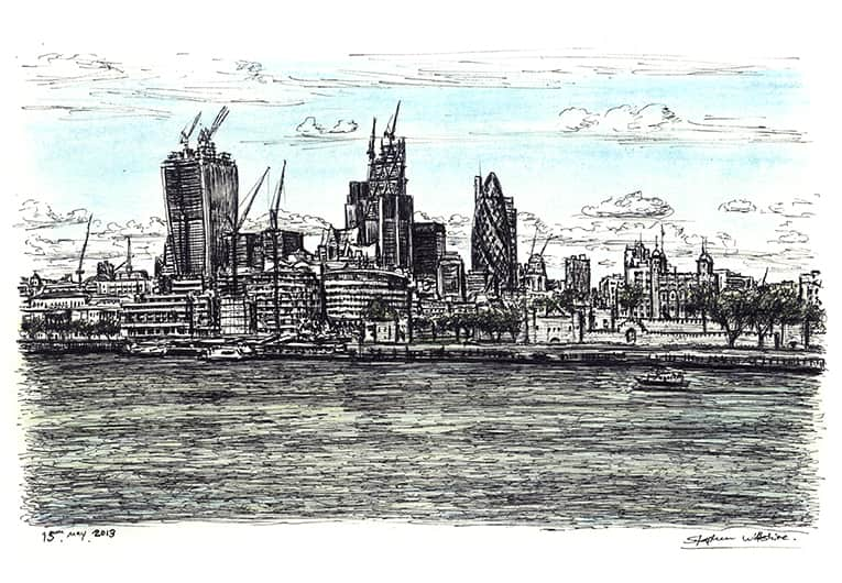 View of City of London from Tower Bridge with White mount (A4) in Cushioned Black frame for A4 mounts (C59)