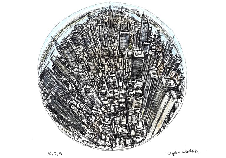 Mini Globe of New York with White mount (A4) in Cushioned Black frame for A4 mounts (C59)