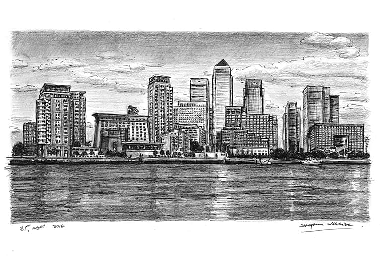 Canary Wharf & River Thames with White mount (A4) in Flat grain black frame for A4 mounts (J90)