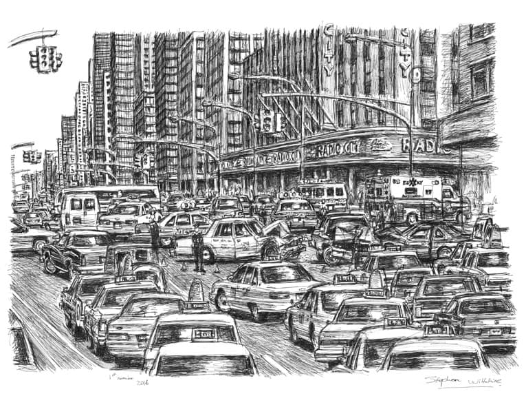 Traffic chaos in New York City - Original Drawings and Prints for Sale