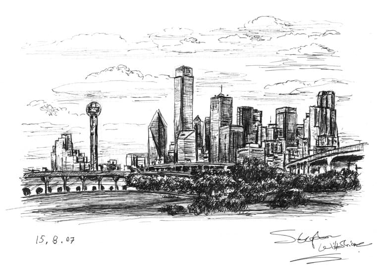 Dallas Skyline, Texas with White mount (A4) in Cushioned Black frame for A4 mounts (C59)