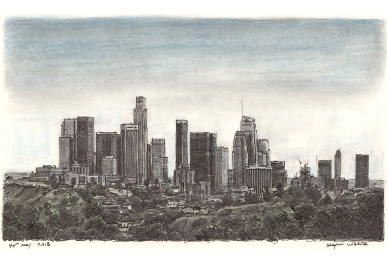 Downtown Los Angeles Skyline with White mount (A4) in Cushioned Black frame for A4 mounts (C59)