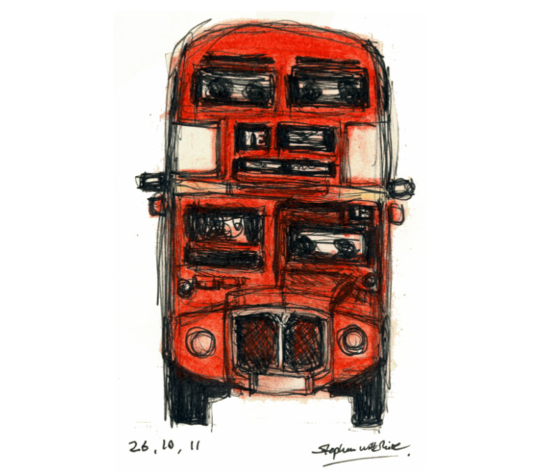 Front of London Double Decker - Original Drawings and Prints for Sale