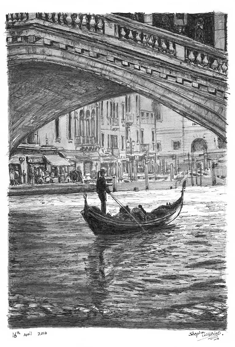 Gondola in the shade - Original Drawings and Prints for Sale