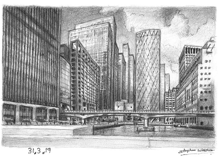 Heron Quays skyline at Canary Wharf - Original Drawings and Prints for Sale