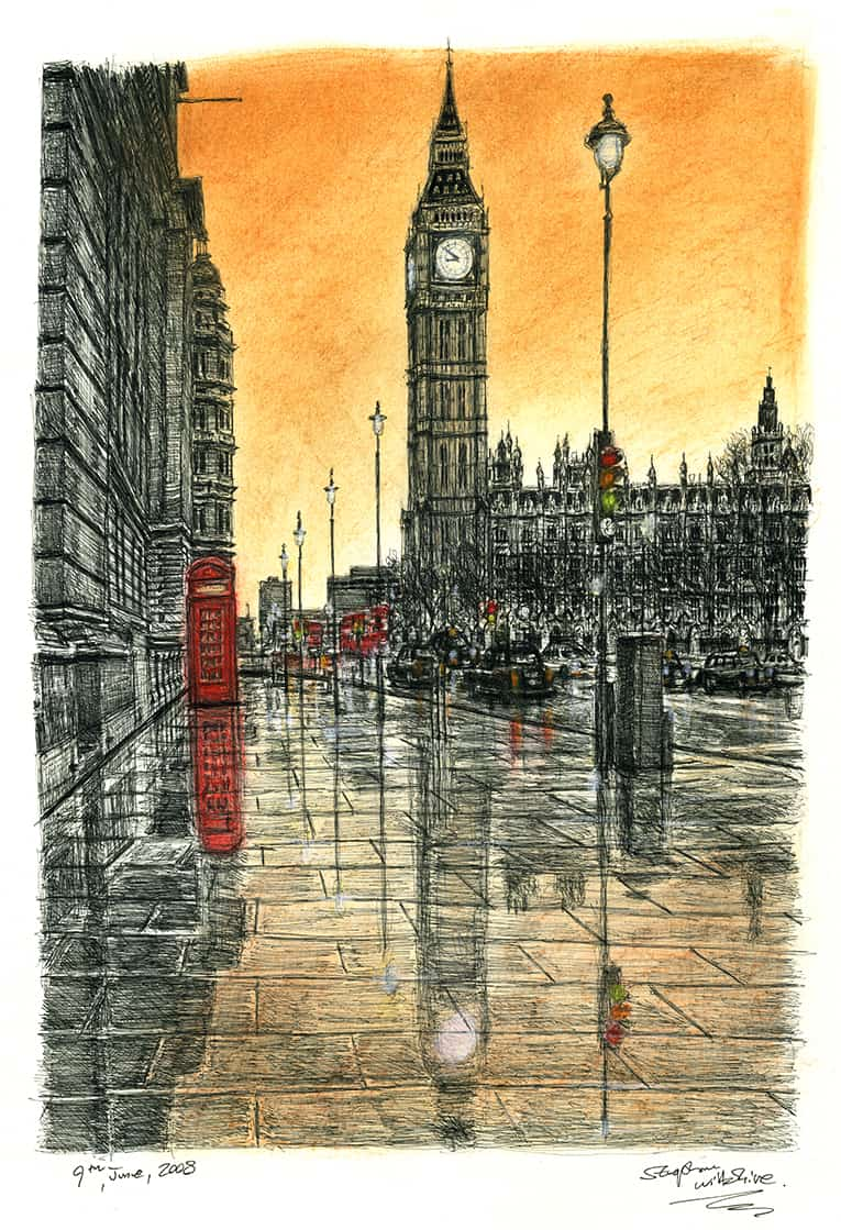 Big Ben on a rainy evening - Original Drawings and Prints for Sale