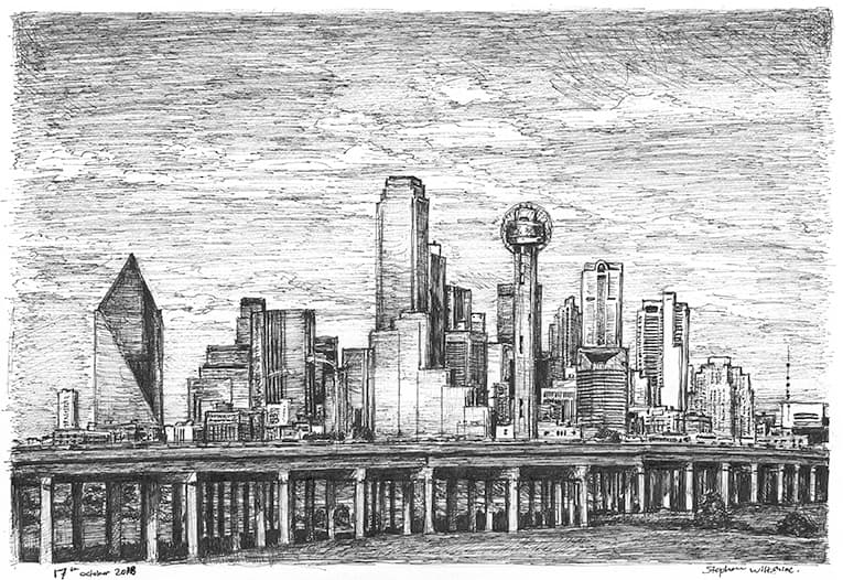 Dallas Skyline USA - Original Drawings and Prints for Sale