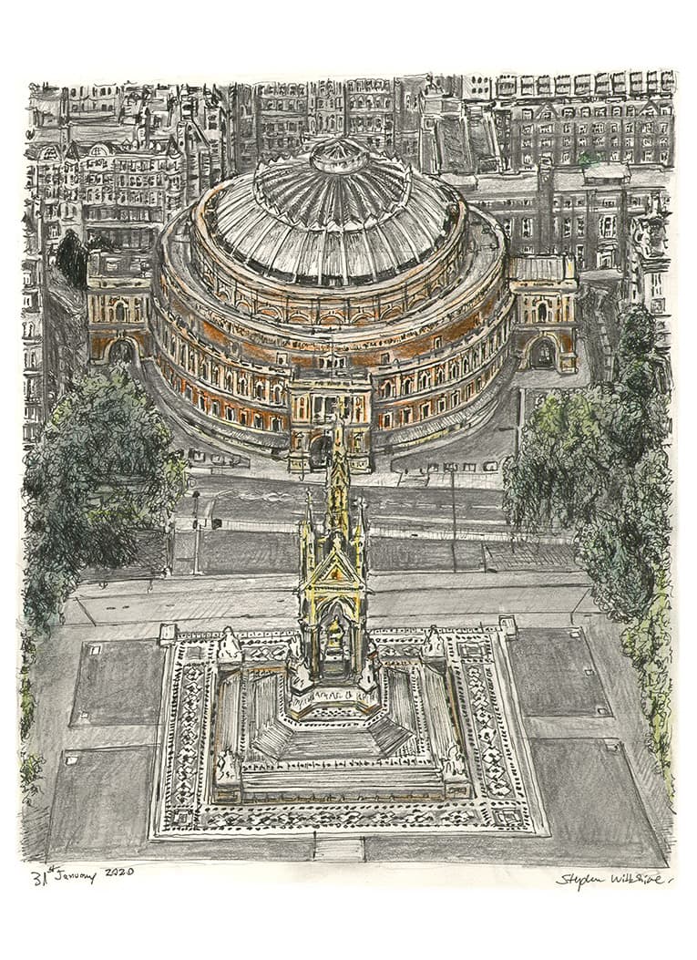 Aerial view of Royal Albert Hall with White mount (A3) in Cushioned Black frame for A3 mounts (C59)