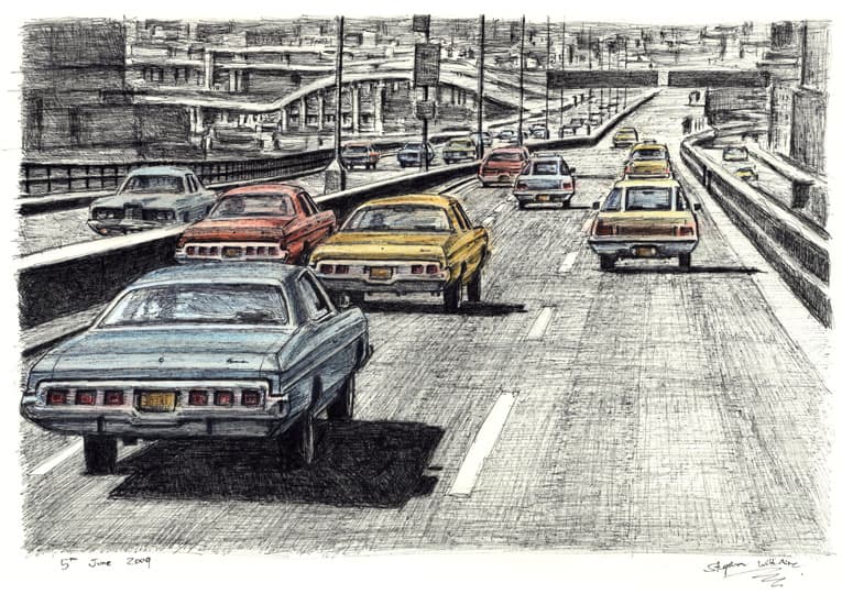 5 Big Chevy cars on the New York freeway - Original Drawings and Prints for Sale