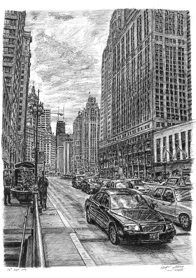 Chicago street scene with White mount (A4) in Cushioned Black frame for A4 mounts (C59)