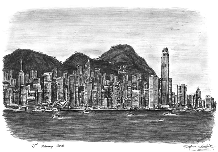 Hong Kong Skyline with White mount (A4) in Cushioned Black frame for A4 mounts (C59)