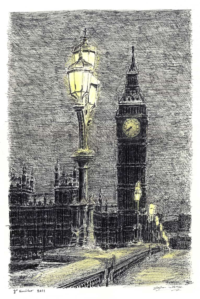 Big Ben on a winter evening with White mount (A4) in Cushioned Black frame for A4 mounts (C59)