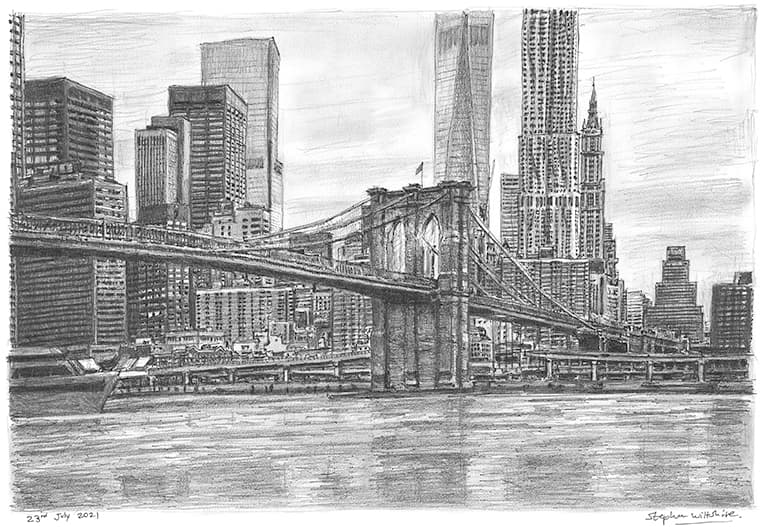 Brooklyn Bridge, New York City with White mount (A2) in Flat grain black frame for A2 mounts (J90)
