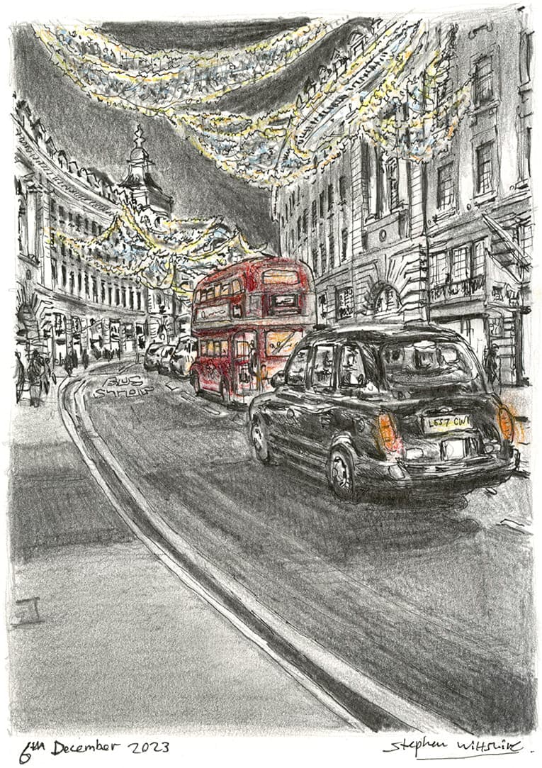 Christmas at Regent Street - Original Drawings and Prints for Sale