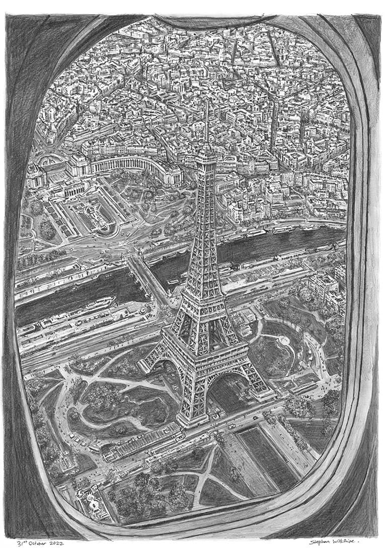 Plane view of Eiffel Tower (Limited Edition of 25) with White mount (A2) in Flat grain black frame for A2 mounts (J90)