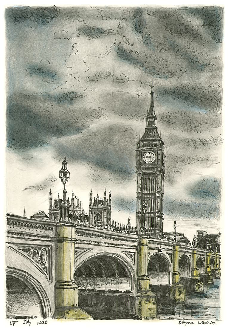 Westminster Bridge and Big Ben with White mount (A3) in Cushioned Black frame for A3 mounts (C59)