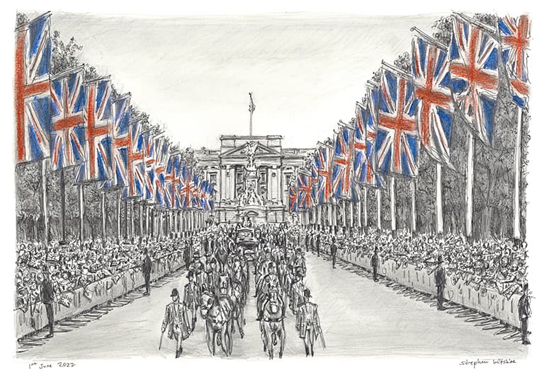 Queens Platinum Jubilee at Pall Mall 2022 - Original Drawings and Prints for Sale